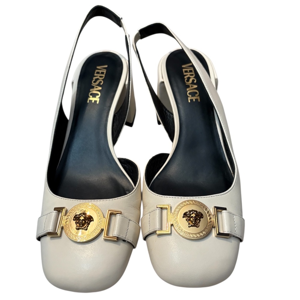 Versace Sling Back Vitello Metal Logo Heel - 38 (US 8)